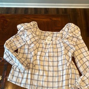 J Crew long sleeve Flannel Square Neck Ruffle top in XL. White with navy plaid